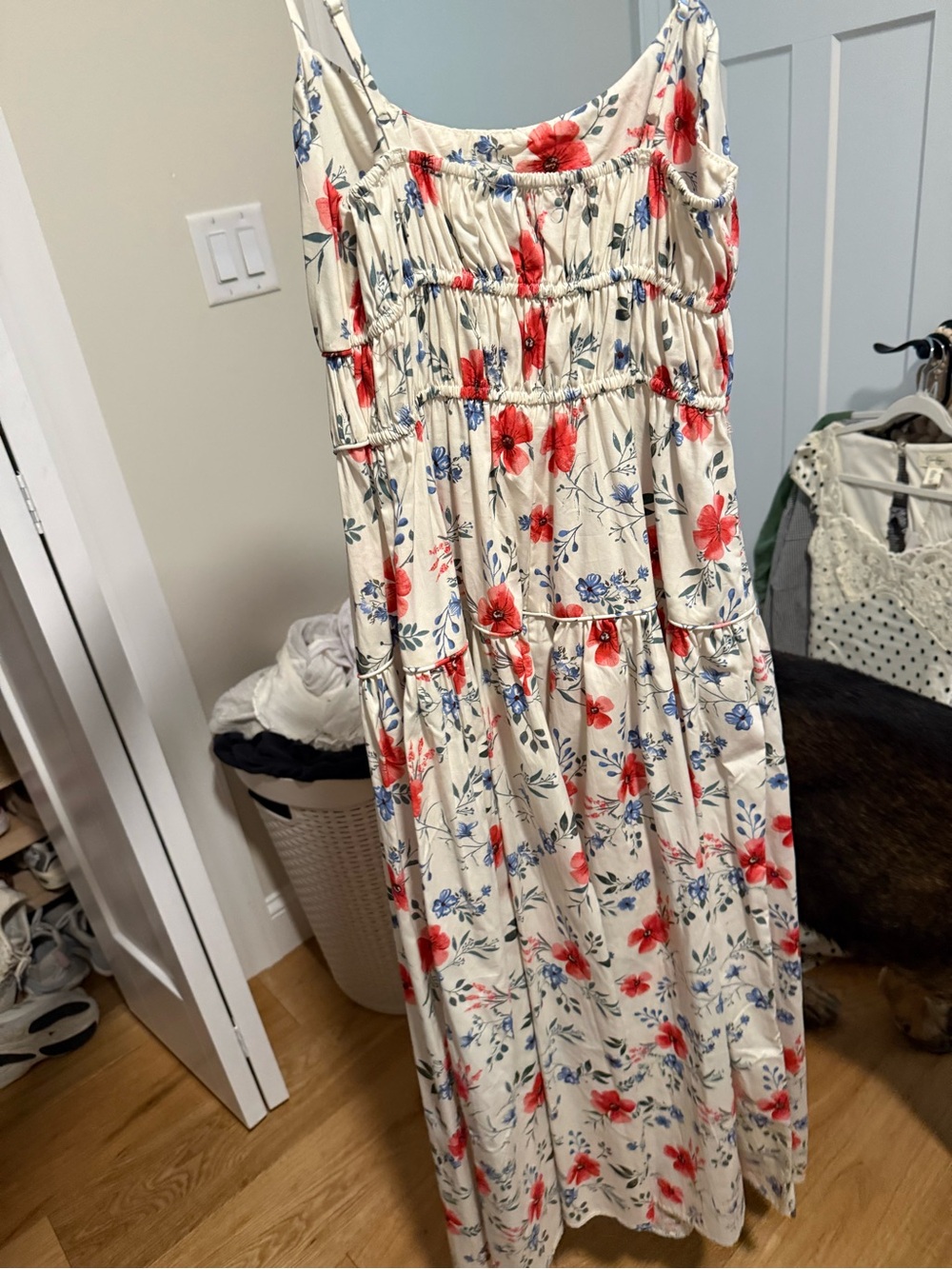 Floral Cream Maxi Dress with Red & Blue Blooms